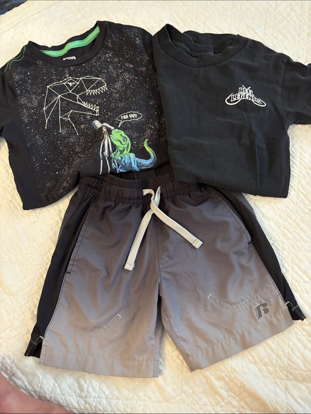 Kids Graphic Dinosaur Tee  Reel Legend Tee & Athletic shorts Black + Gray